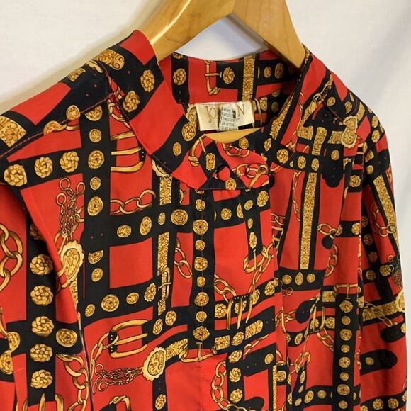 Vintage Jordan Red Gold Black Chain and Belt Print Long Sleeve Blouse Size 14 - Picture 3 of 13